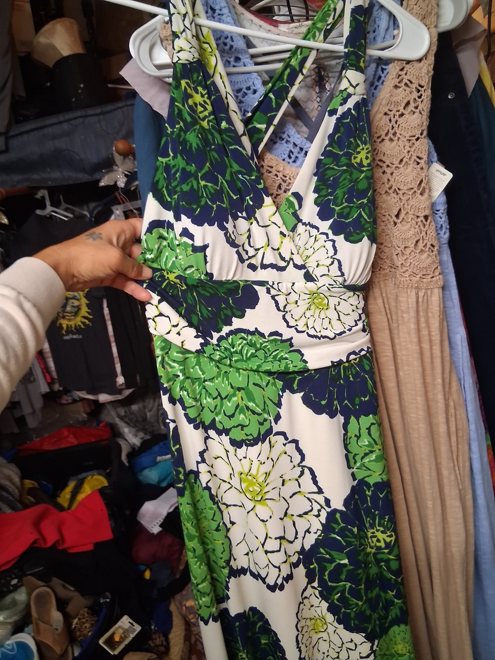 Lily White Maxi Dress with Green and Navy Floral Print